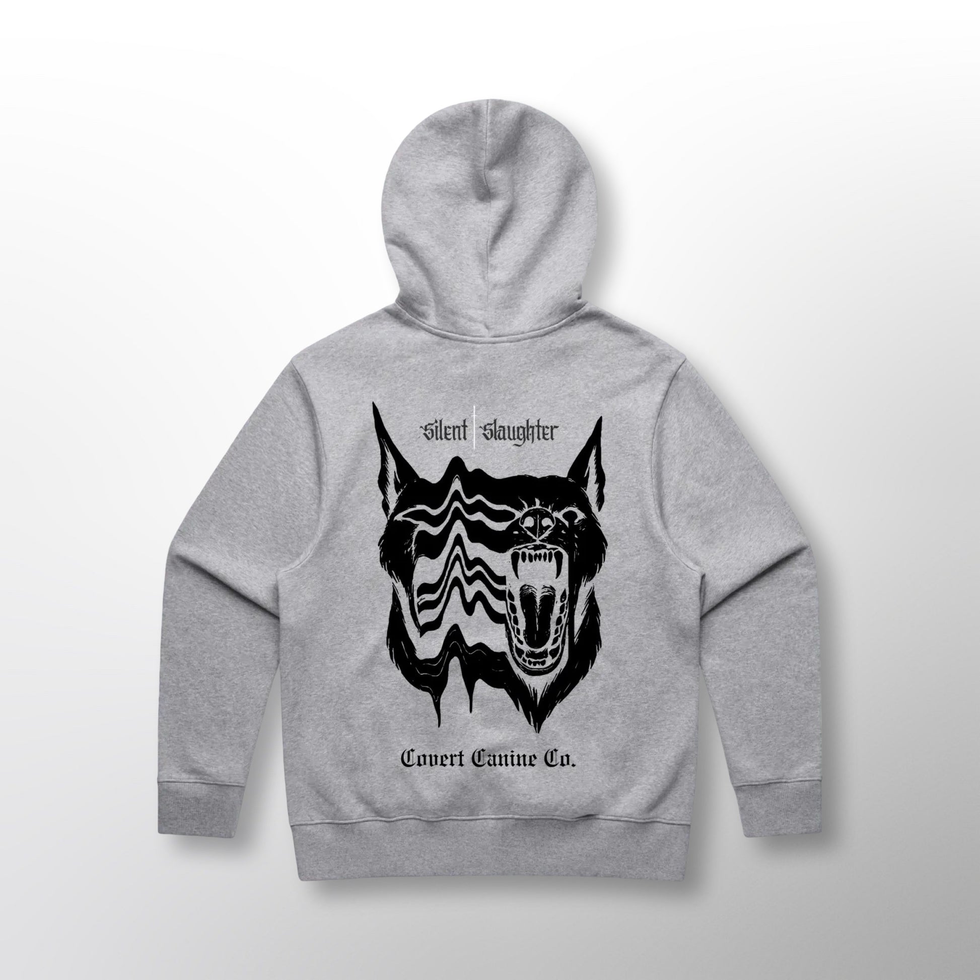 Back of the grey Grip Hoodie with the CCC x Silent Slaughter split canine graphic and 'Silent Slaughter' lettering