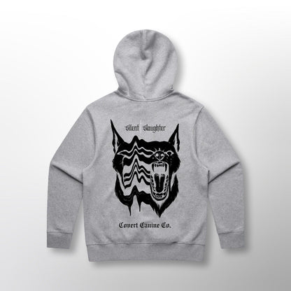 Back of the grey Grip Hoodie with the CCC x Silent Slaughter split canine graphic and 'Silent Slaughter' lettering