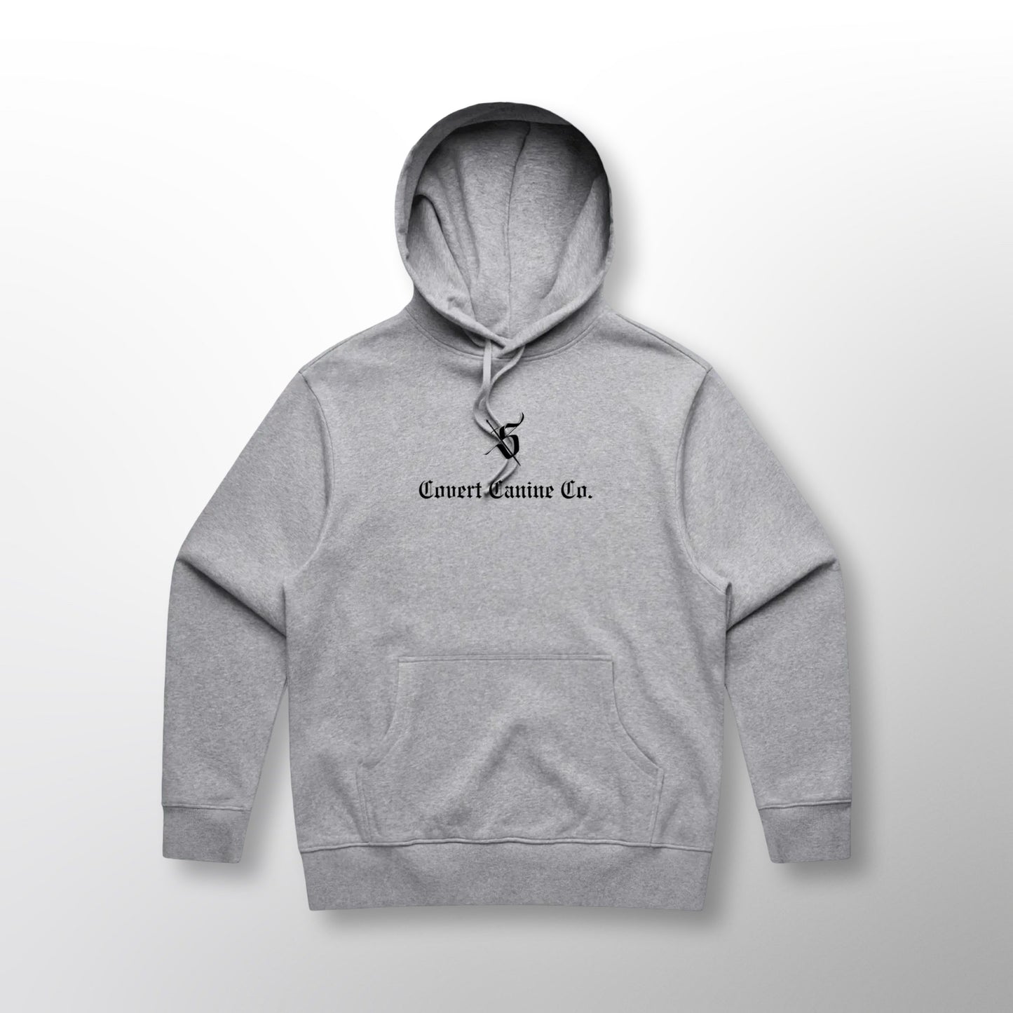 Front of the grey Grip Hoodie with the Covert Canine Co. logo and name