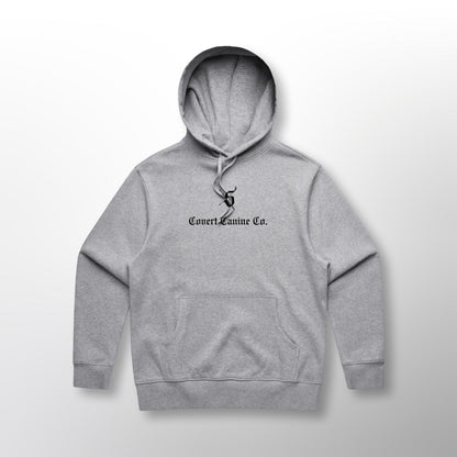 Front of the grey Grip Hoodie with the Covert Canine Co. logo and name