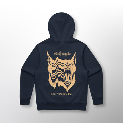 Back of the navy Grip Hoodie with the CCC x Silent Slaughter split canine graphic and 'Silent Slaughter' lettering