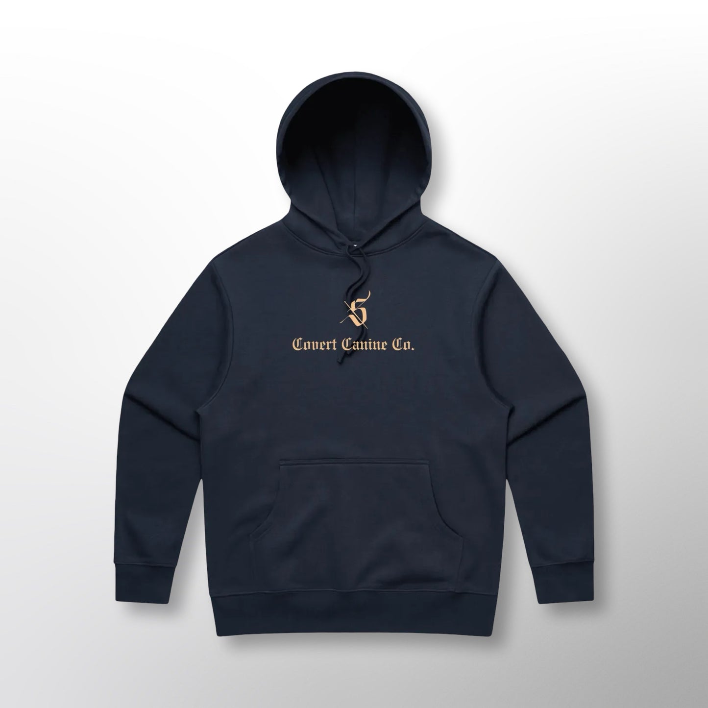 Front of the navy Grip Hoodie with the Covert Canine Co. logo and name