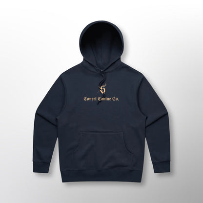 Front of the navy Grip Hoodie with the Covert Canine Co. logo and name