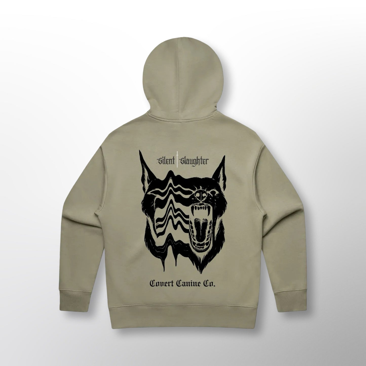 Back of the OD green Grip Hoodie with the CCC x Silent Slaughter split canine graphic and 'Silent Slaughter' lettering