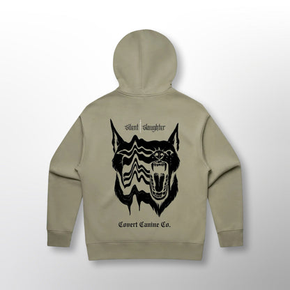 Back of the OD green Grip Hoodie with the CCC x Silent Slaughter split canine graphic and 'Silent Slaughter' lettering