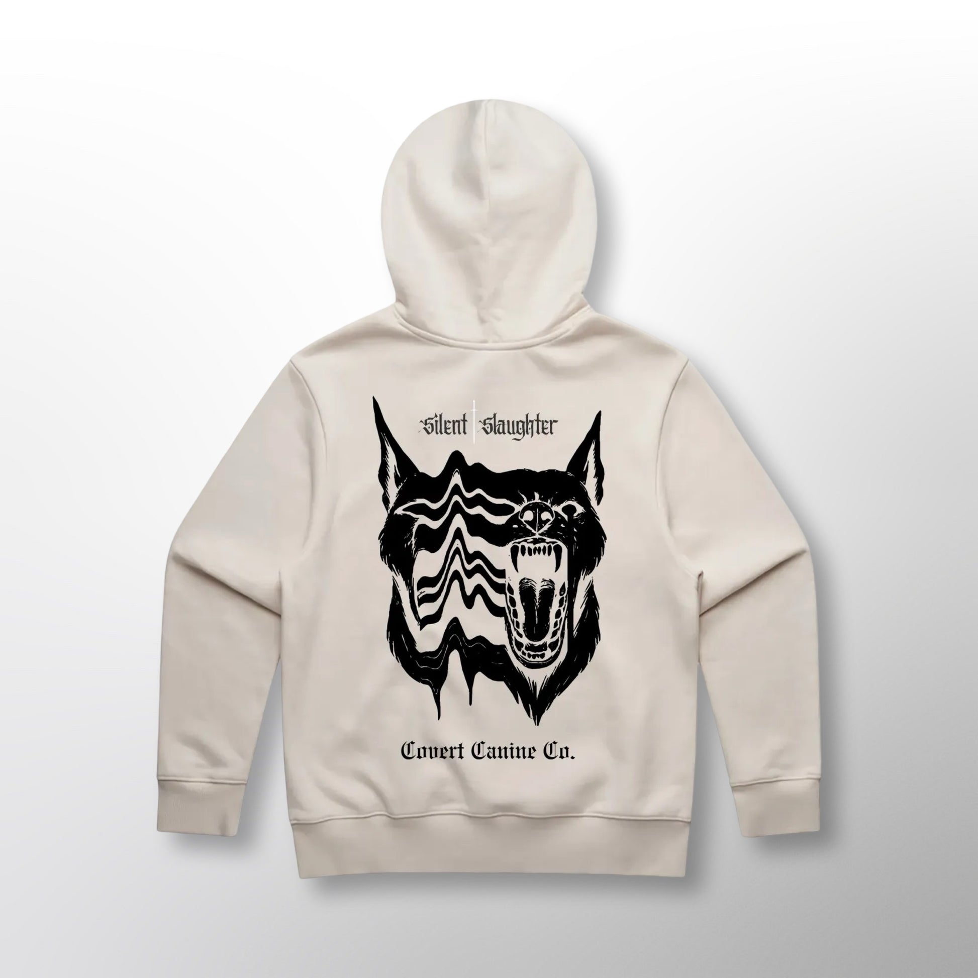 Back of the White Grip Hoodie with the CCC x Silent Slaughter split canine graphic and 'Silent Slaughter' lettering