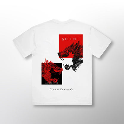 Back of the white Pack Tee with a red and black wolf graphic and 'Silent Slaughter' lettering