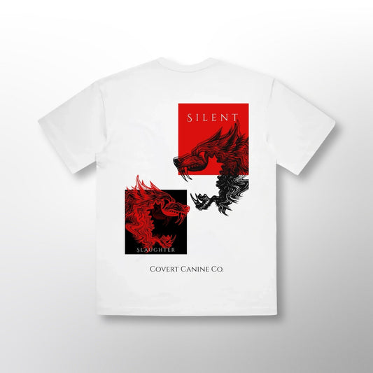 Back of the white Pack Tee with a red and black wolf graphic and 'Silent Slaughter' lettering