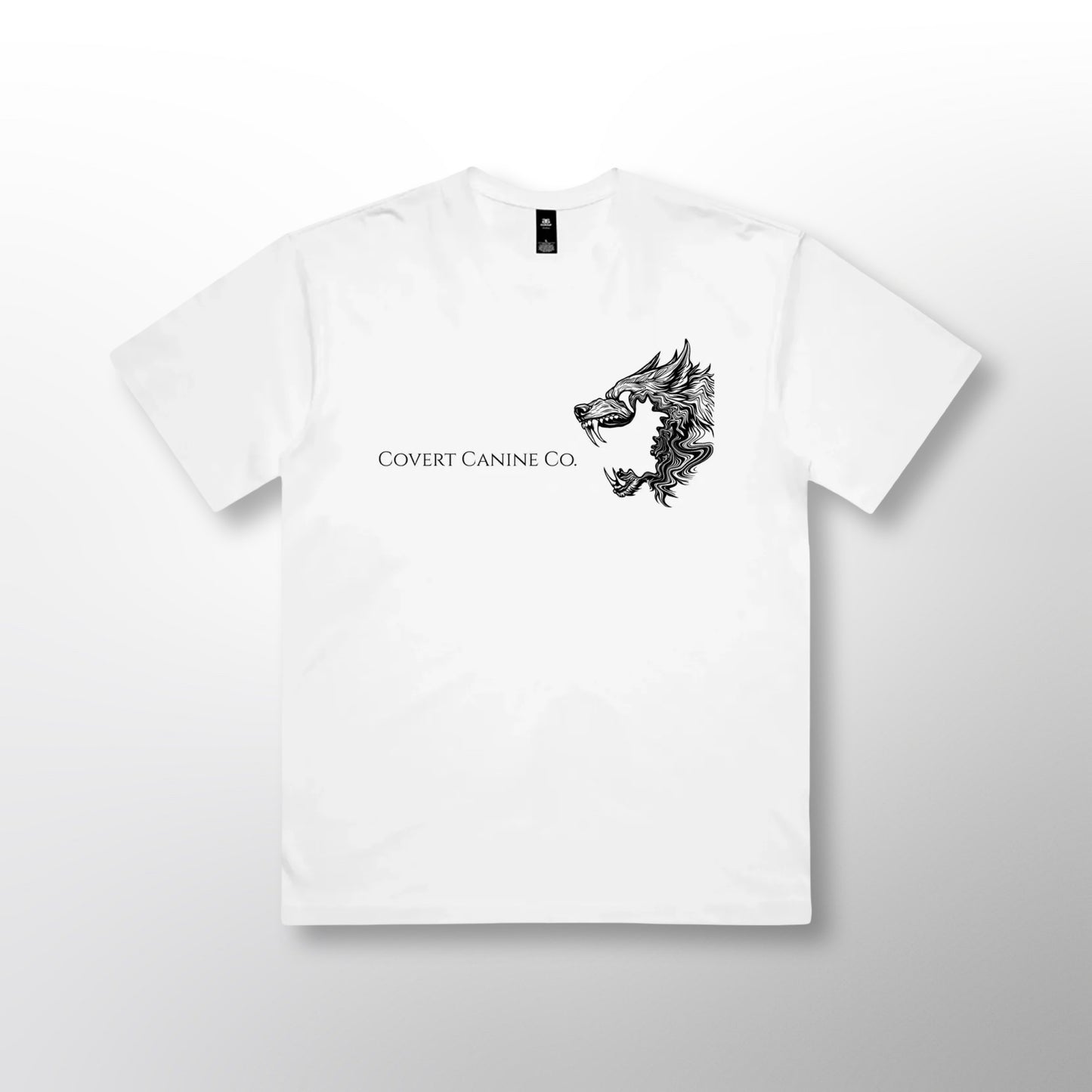 Front of the white Pack Tee with the Covert Canine Co. logo and name