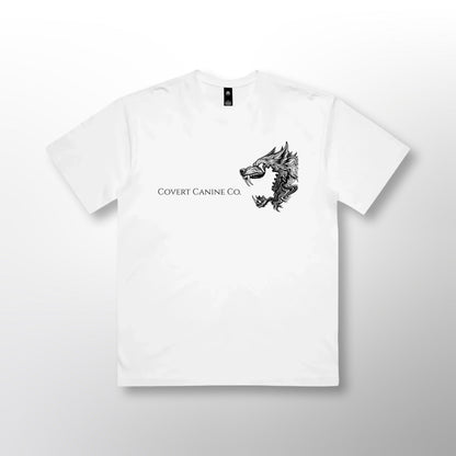 Front of the white Pack Tee with the Covert Canine Co. logo and name