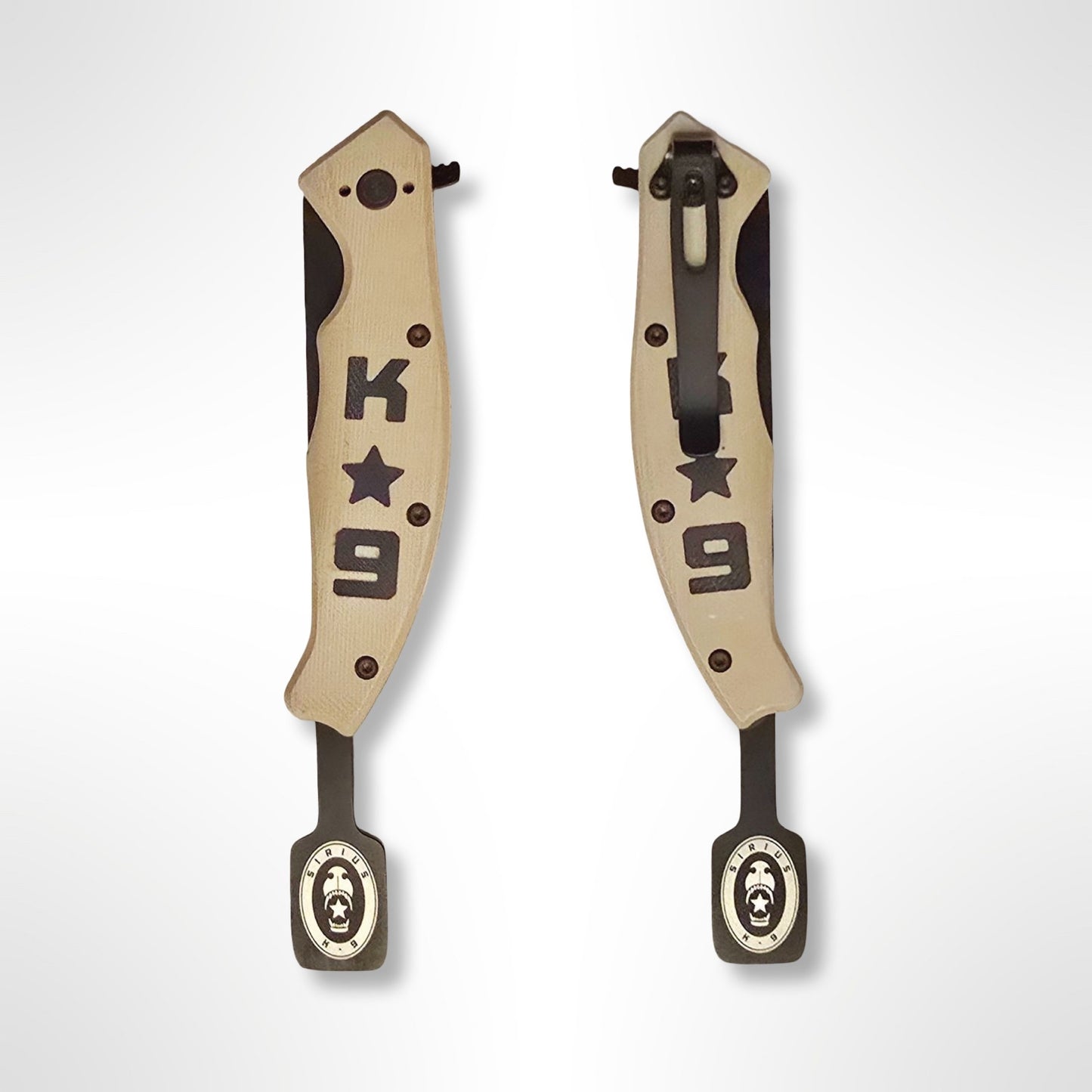 Front and back of a coyote Sirius K9 Breaker Bar tool in a folded position.