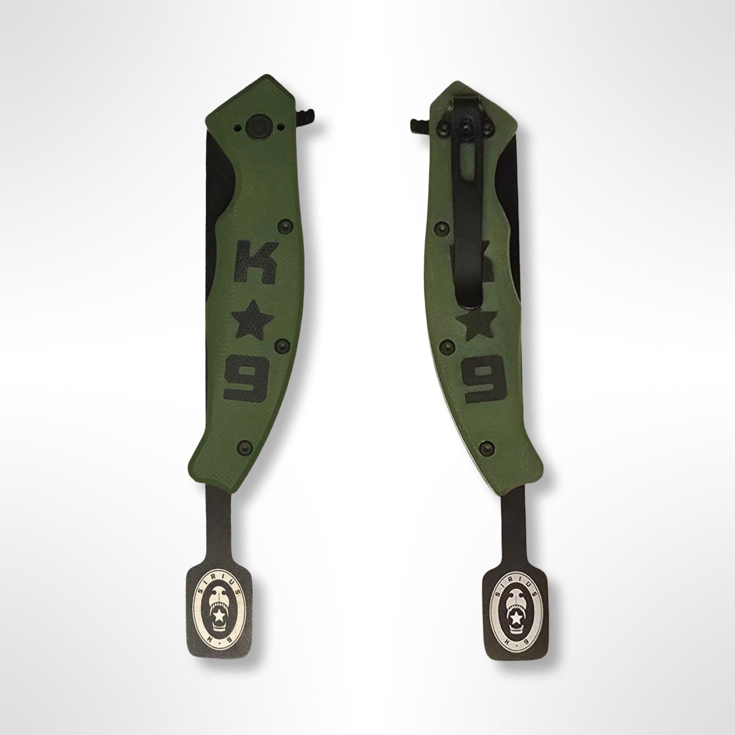 Front and back of a ranger green Sirius K9 Breaker Bar tool in a folded position.