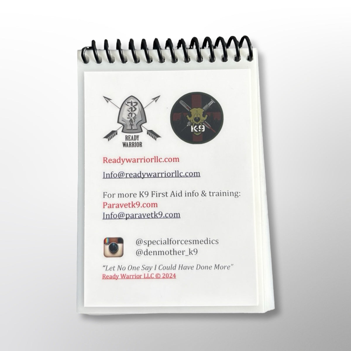 Back page of the Ready Warrior K9 Quick Reference Guide with the Ready Warrior and ParaVet K9 logos and contact details